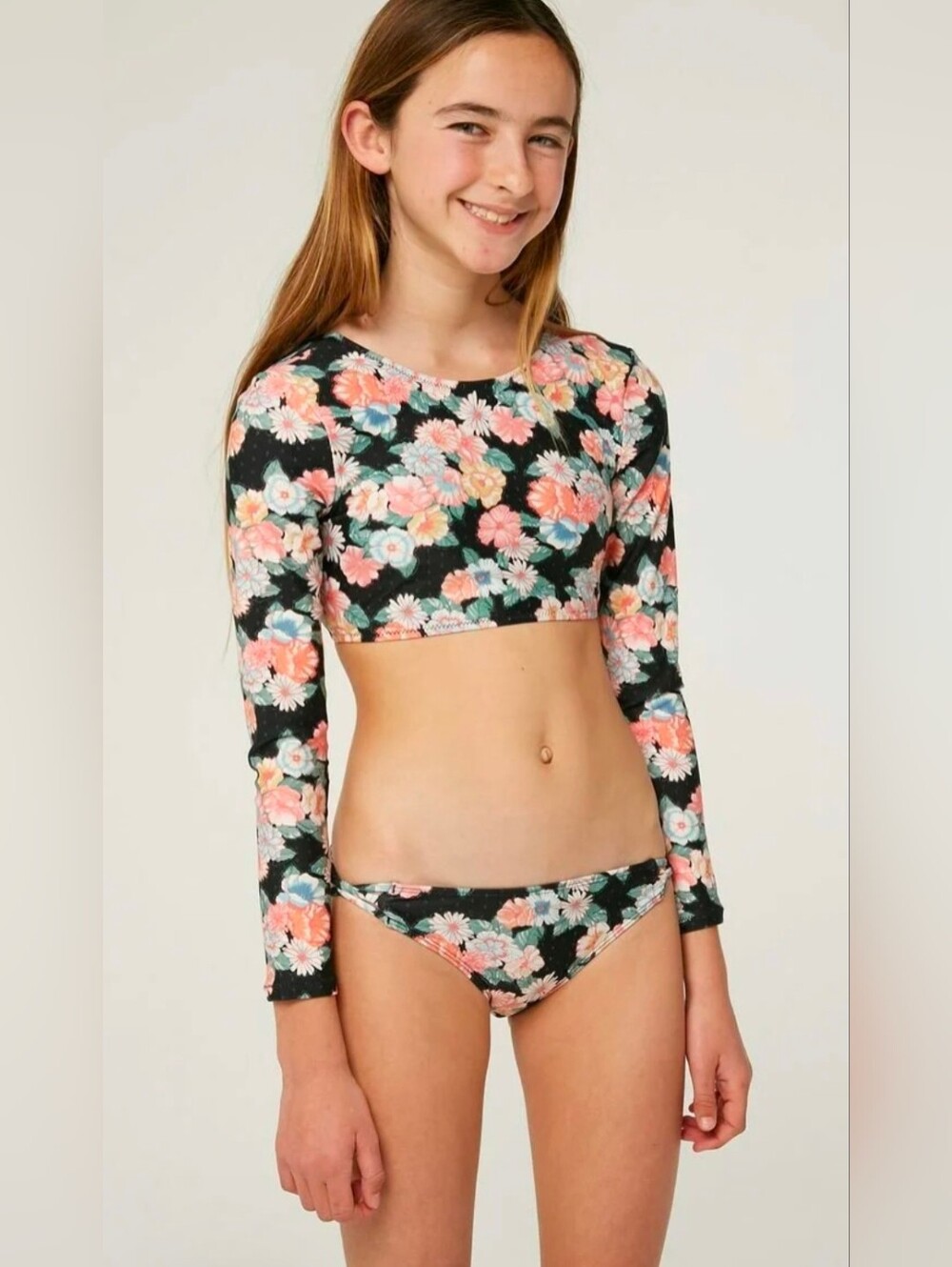 NWT O'Neill Girls' Floral Long Sleeve Bikini Set - Black, Pink & Peach Sz 12